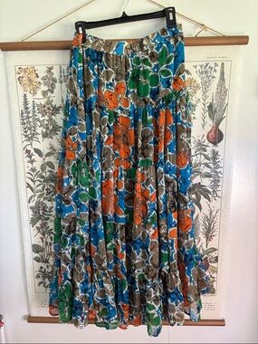 Vintage Floral Tiered Maxi Skirt in Blue, Orange & Green Large